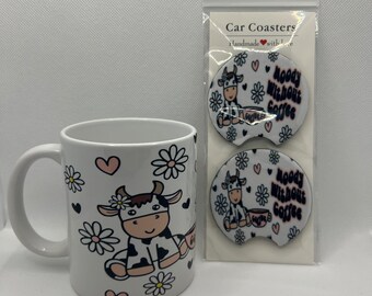 Moody without coffee cow mug and car coasters set