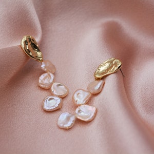 Boho Freshwater Pearl Earrings, Pink Color Keshi Pearls, Wedding Bridal Earrings