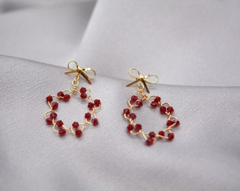 Red Krystal wreath spring earrings with bow studs Valentine's Day gift for her