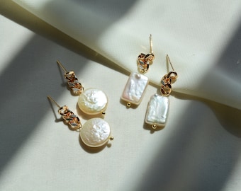 Genuine Baroque Pearl Link Earrings, Square, Coin Freshwater Pearl, Single Pearl Earring, Asymmetric Earrings