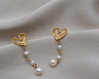 gilded lace heart freshwater pearl earrings Valentine's Day gift for her