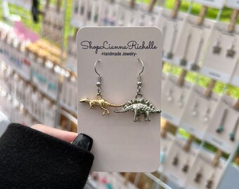 Silver and Gold Dino Earrings • Asymmetrical Earrings • Dinosaur Earrings