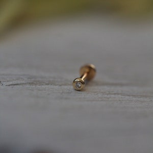 White diamond solid gold labret stud - tiny 2mm solid gold ball threadless push pin 1mm (18g) x 6mm or 8mm labret bar solid 18ct yellow gold