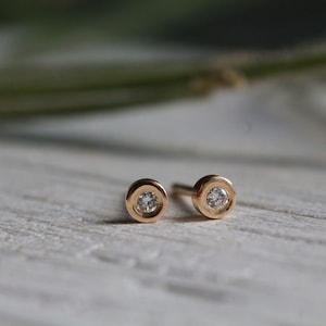 White diamond solid gold studs - TINY SINGLE or PAIRS 3mm solid gold round disc earrings with natural white diamonds 9ct or 18ct gold