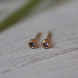 Lavender sapphire solid gold pebble studs - tiny 3mm earrings with natural purple sapphires in 9ct or 18ct yellow, rose or white gold