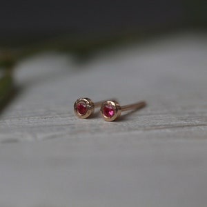 Solid gold ruby studs - tiny 3mm solid gold hammered texture stud earrings + natural rubies in 9ct or 18ct yellow, rose or white gold