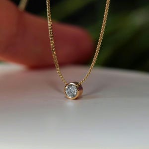 White diamond floating pendant necklace - solid gold chain necklace natural solitaire diamond bezel set in 9ct or 18ct yellow or white gold