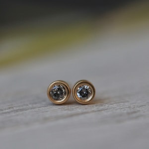 Salt & pepper diamond solid gold disc studs - small 4mm earrings with flush set natural grey diamonds in 9ct or 18ct yellow or rose gold