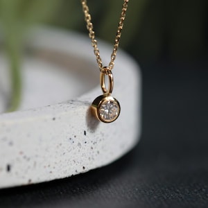 Diamond Bezel Pendant: 4mm Natural Round White Diamond Charm Necklace in Solid 9k 18k Gold