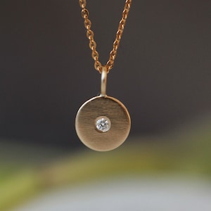 White diamond solid gold disc necklace - dainty coin disc necklace with natural ethically sourced white diamond - 9ct or 18ct recycled gold