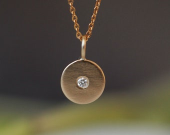 White diamond solid gold disc necklace - dainty coin disc necklace with natural ethically sourced white diamond - 9ct or 18ct recycled gold