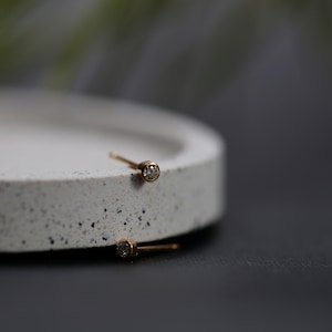 White diamond studs - TINY SINGLE or PAIRS 3mm solid simple round bezel earrings with natural white diamonds set in solid 9ct or 18ct gold