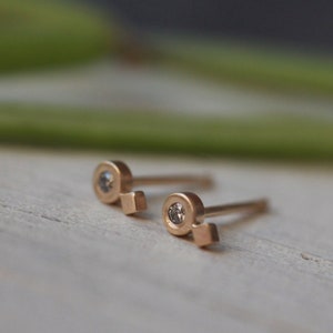 Diamant massiv Gold Doppel Ohrstecker - kleine 3mm x 4.5mm Ohrringe mit natürlichem Salz & Pfeffer ODER weißen Diamanten 9Kt / 18Kt Gelb Rosé Weißgold