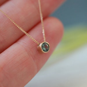 Teal sapphire floating necklace - tiny solid gold 4mm pendant chain with Australian blue green sapphire bezel 9ct/18ct yellow white gold