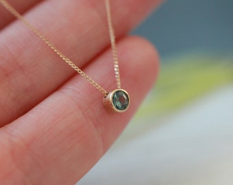 Teal sapphire floating necklace - tiny solid gold pendant chain with Australian blue green sapphire bezel set in 9ct/18ct yellow white gold