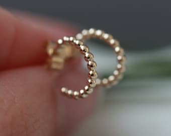 Solid gold beaded hoop studs - minimalist 10mm gold semicircle hoop earrings in recycled 9ct or 18ct yellow or rose gold