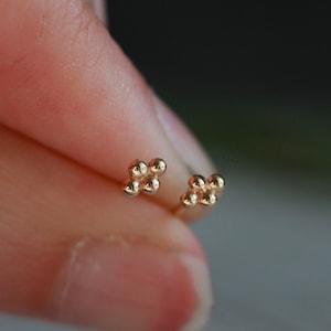 Solid gold dot cluster studs - TINY 4mm x 2.5mm gold four dot cluster granule earrings in recycled 9ct or 18ct yellow, rose or white gold