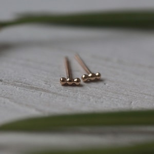 Solid gold beaded studs - tiny gold three dot / beaded line geometric stud earrings in recycled 9ct or 18ct yellow gold