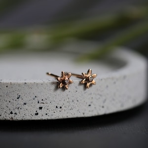 Diamond flower studs - SINGLE or PAIRS 4mm solid gold 6 petal flower earrings with natural white diamonds in recycled 9ct or 18ct gold