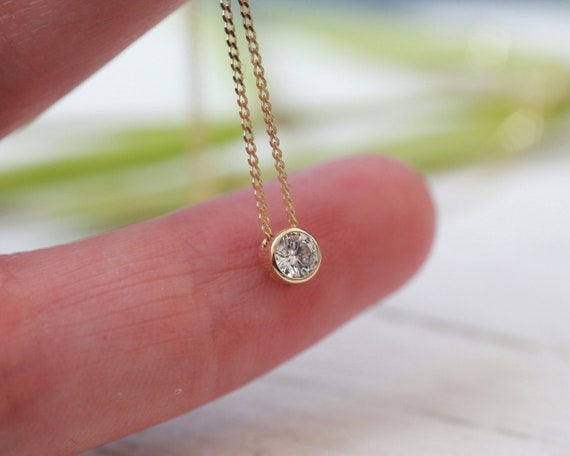 White diamond floating pendant necklace - solid gold chain necklace natural  solitaire diamond bezel set in 9ct or 18ct yellow or white gold