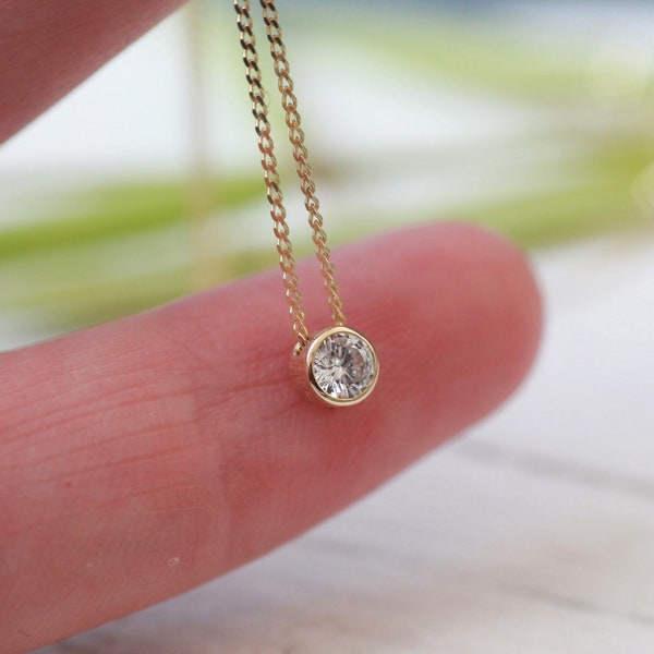 White diamond floating pendant necklace - solid gold chain necklace natural solitaire diamond bezel set in 9ct or 18ct yellow or white gold