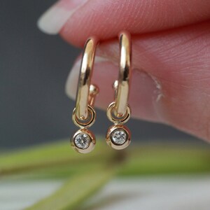 Solid gold diamond charm hoop studs - small 10mm hoops & detachable white diamond pebble charms. Recycled 9ct/18ct yellow, rose, white gold