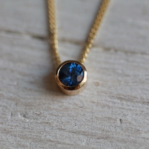 Sapphire floating necklace - tiny solid gold pendant chain with natural royal blue sapphire bezel set in 9ct or 18ct yellow or white gold