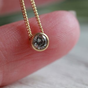 Salt & pepper diamond floating bezel pendant necklace - 4mm pendant curb chain diamond solitaire solid 9ct or 18ct yellow or white gold