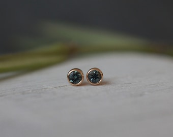 Teal Sapphire Gold Studs: Solid Recycled Gold Minimalist Bezel Earrings