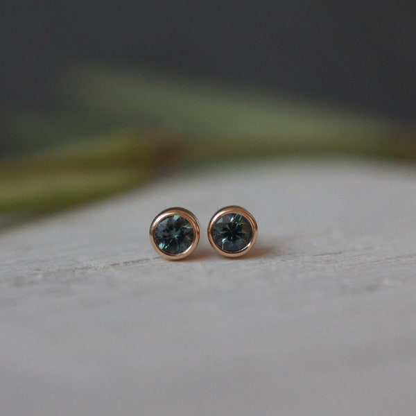 Teal sapphire solid gold studs - small 4mm earrings with natural round Australian blue green sapphires in 9ct or 18ct yellow rose white gold