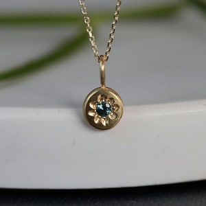 Teal Sapphire Mini Wildflower Pendant: 6mm Solid Gold Blue Green Floral Charm Necklace