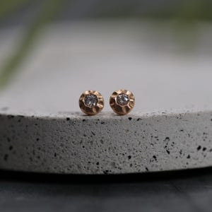 Diamond flower-bud earrings - 4mm solid gold hand-carved flower studs natural white diamonds in recycled 9ct or 18ct yellow, rose white gold