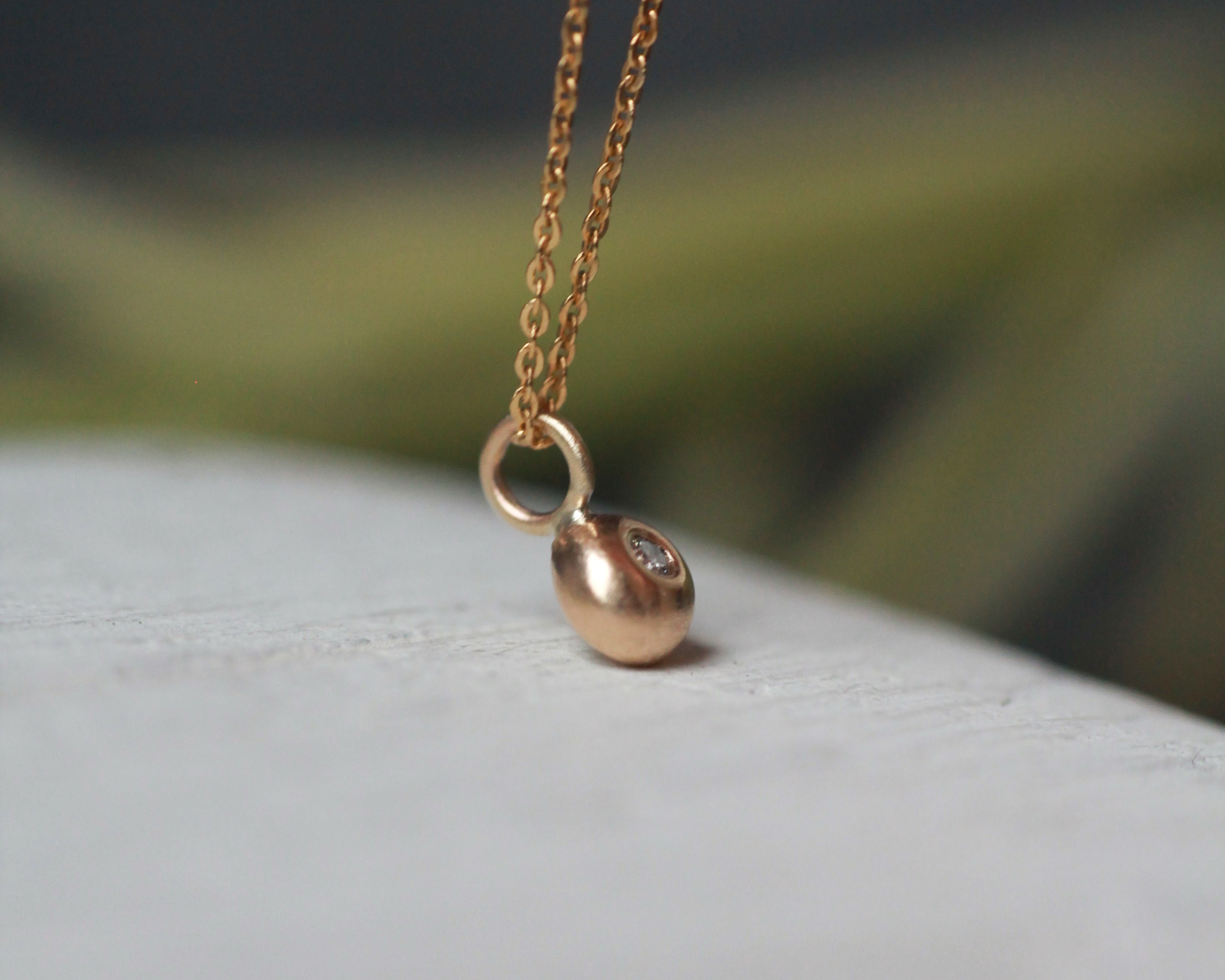 White Diamond Solid Gold Pebble Necklace Tiny Gold Necklace - Etsy