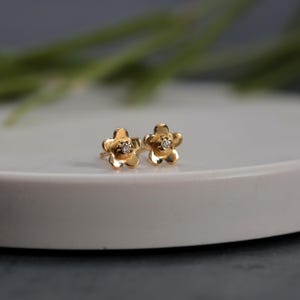 Pendientes de diamantes nomeolvides: pendientes de oro macizo de 6 mm con forma de flor de 5 pétalos y pequeños diamantes blancos naturales: oro amarillo o blanco rosa de 9 ct o 18 ct