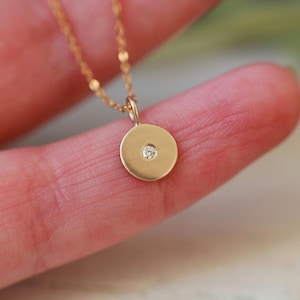 White diamond solid gold disc necklace - dainty coin disc necklace with natural ethically sourced white diamond - 9ct or 18ct recycled gold
