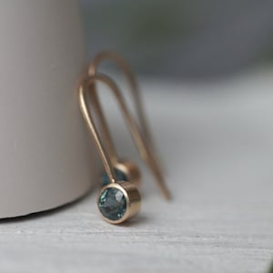 Teal Sapphire Hook Earrings: Minimalist Solid Gold Bezel Set Australian Sapphires