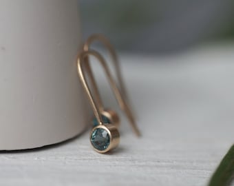 Teal Sapphire Hook Earrings: Minimalist Solid Gold Bezel Set Australian Sapphires