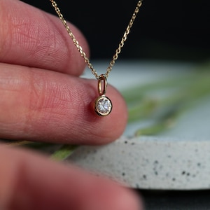 White diamond bezel pendant - solid gold 4mm pendant / necklace + chain with natural diamond set in solid 9ct/18ct yellow rose white gold