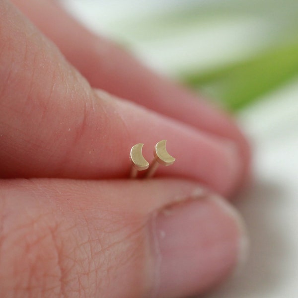 Solid gold moon studs - EXTRA TINY gold crescent moon stud earrings in recycled 9ct or 18ct yellow, rose or white gold