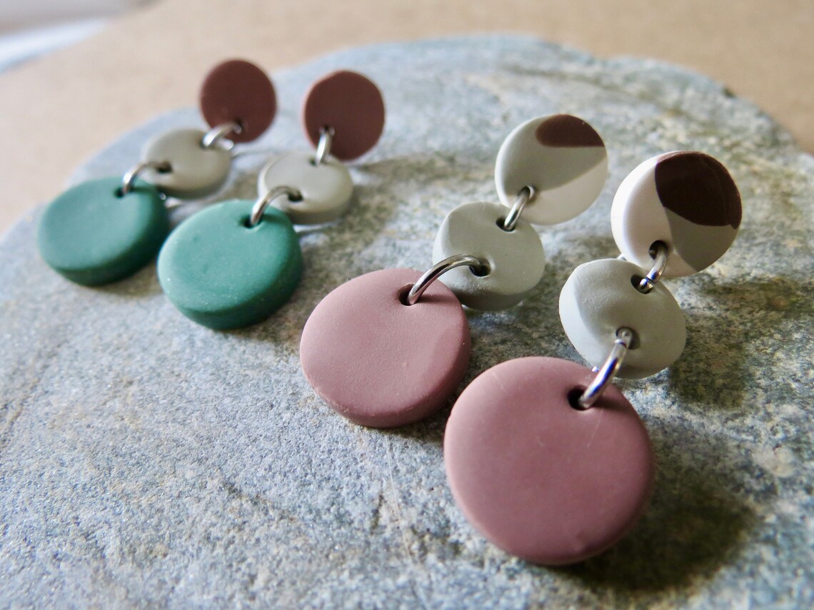 Polymer Clay Earrings Boho Three Circle Dangle Etsy