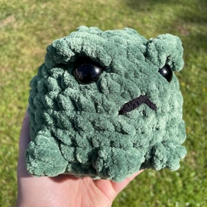 May include: A handmade, green, plush frog with large, black, plastic eyes and a stitched black mouth. The frog is made of a soft, textured yarn and has a square body shape. The frog is held in a hand against a background of green grass.