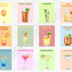 12 carteles de cócteles clásicos, impresiones de carritos de bar, impresiones de alcohol, arte de pared minimalista, descarga digital, carteles de carritos de bar