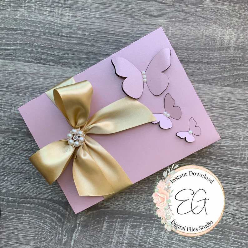 May include: A pink card with a gold bow and three pink butterflies with pearl accents. The card has the text "Instant Download" and "EG Digital Files Studio" in a circle.