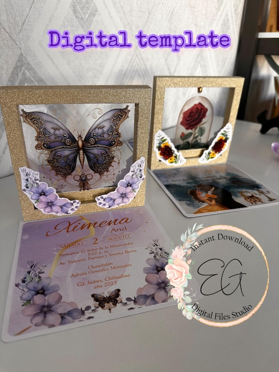 PLANTILLA DIGITAL caja pop up para invitación de quinceañera, cumpleaños o felicitación, compatible con la mayoría de los plotter y lasér