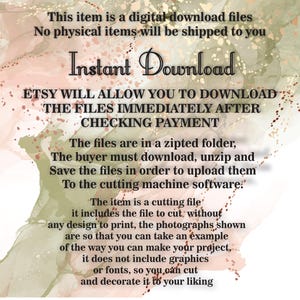 Puede incluir: Texto sobre un fondo rosa y verde que dice: "Este art&iacute;culo es un archivo de descarga digital. No se enviar&aacute;n art&iacute;culos f&iacute;sicos. Descarga instant&aacute;nea. ETSY TE PERMITIR&Aacute; DESCARGAR LOS ARCHIVOS INMEDIATAMENTE DESPU&Eacute;S DE VERIFICAR EL PAGO. Los archivos est&aacute;n en una carpeta comprimida. El comprador debe descargar, descomprimir y Guardar los archivos para poder cargarlos Al software de la m&aacute;quina de corte. El art&iacute;culo es un archivo de corte. Incluye el archivo para cortar sin ning&uacute;n dise&ntilde;o para imprimir, las fotograf&iacute;as que se muestran son para que puedas tomar un ejemplo de c&oacute;mo puedes hacer tu proyecto, no incluye gr&aacute;ficos ni fuentes, por lo que puedes cortar y decorar a tu gusto."