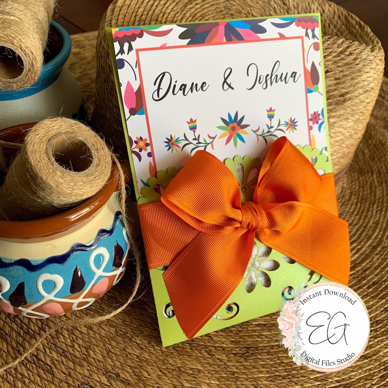 May include: A green and white card with a colorful floral design and a large orange bow. The card says "Diane & Joshua" and "Instant Download EG Digital Files Studio".
