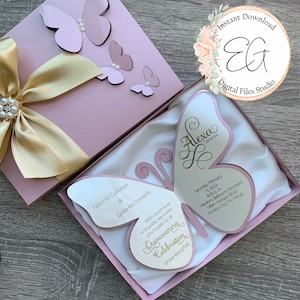 May include: A pink and gold butterfly-shaped invitation for a Quincea&ntilde;era celebration. The invitation features the name "Alexa Carranza" and the date "Saturday, February 12, 2022".