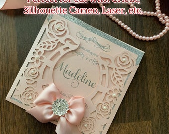 May include: A light pink laser-cut invitation with floral and scroll details. The invitation features the name "Madeline" in silver script, a pink bow with a rhinestone embellishment, and the text "Perfect for cut with Cricut, Silhouette Cameo, Laser, etc."