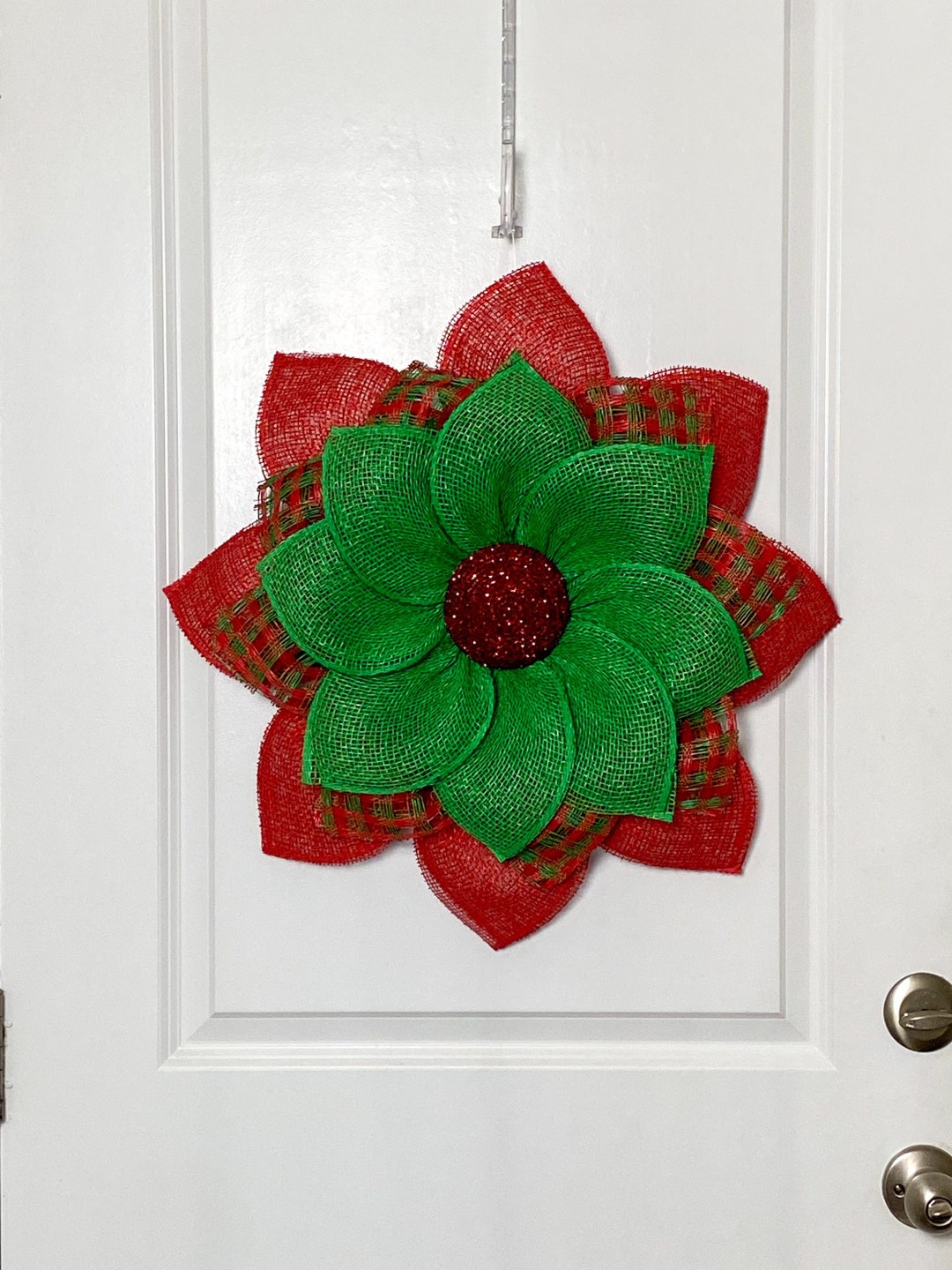 Red and Green Christmas Flower Wreath Merry Christmas Door Etsy