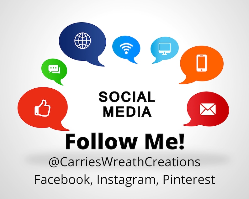 May include: A graphic with speech bubbles representing social media platforms, including a globe, wifi symbol, computer monitor, smartphone, chat bubble, thumbs up, envelope, and the text "SOCIAL MEDIA Follow Me! @CarriesWreathCreations Facebook, Instagram, Pinterest".